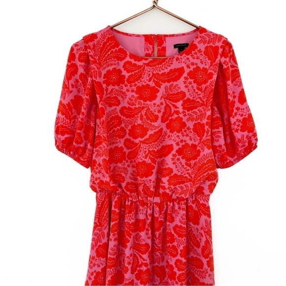 Ann Taylor Womens Small Pink Red Short Sleeve Cinched Waist Dress - Picture 2 of 7
